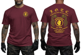 Front and back view of a maroon U.S. Army J.O.T.C. Jungle Operation Training Center T-shirt featuring the Jungle Expert patch, twin snakes, and Fort Sherman Panama text.