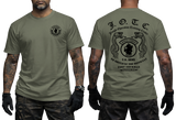 Front and back view of a military green U.S. Army J.O.T.C. Jungle Operation Training Center T-shirt featuring the Jungle Expert patch, twin snakes, and Fort Sherman Panama text.