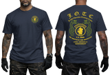 Front and back view of a navy U.S. Army J.O.T.C. Jungle Operation Training Center T-shirt featuring the Jungle Expert patch, twin snakes, and Fort Sherman Panama text.