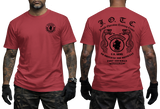 Front and back view of a red U.S. Army J.O.T.C. Jungle Operation Training Center T-shirt featuring the Jungle Expert patch, twin snakes, and Fort Sherman Panama text.