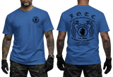 Front and back view of a royal blue U.S. Army J.O.T.C. Jungle Operation Training Center T-shirt featuring the Jungle Expert patch, twin snakes, and Fort Sherman Panama text.