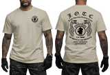 Front and back view of a sand U.S. Army J.O.T.C. Jungle Operation Training Center T-shirt featuring the Jungle Expert patch, twin snakes, and Fort Sherman Panama text.