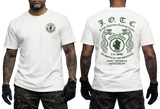 Front and back view of a white U.S. Army J.O.T.C. Jungle Operation Training Center T-shirt featuring the Jungle Expert patch, twin snakes, and Fort Sherman Panama text.