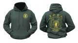 Front and back view of a forest green U.S. Army JWTC hoodie featuring J.O.T.C. Panama Jungle Expert insignia and snake graphics.