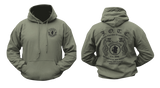 Front and back view of a military green U.S. Army JWTC hoodie featuring J.O.T.C. Panama Jungle Expert insignia and snake graphics.