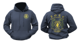 Front and back view of a navy U.S. Army JWTC hoodie featuring J.O.T.C. Panama Jungle Expert insignia and snake graphics.