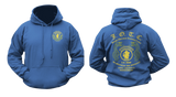 Front and back view of a blue U.S. Army JWTC hoodie featuring J.O.T.C. Panama Jungle Expert insignia and snake graphics.