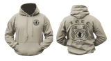Front and back view of a sand U.S. Army JWTC hoodie featuring J.O.T.C. Panama Jungle Expert insignia and snake graphics.