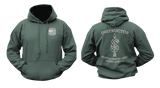 US Army Sniper School Instructor Hoodie in forest green with front Instructor logo and back graphic