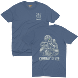 Blue premium cotton military t-shirt with an authentic combat diver frogman navy seal design holding a tactical subaquatic weapon.