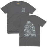 Charcoal grey military special forces t-shirt showcasing a detailed vintage style US combat diver frogman illustration with a night vision green lens accent.