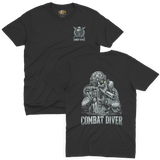 Front and back graphic preview of a black tactical t-shirt featuring a detailed illustration of a US Navy Combat Diver frogman with scuba gear and an underwater rifle.