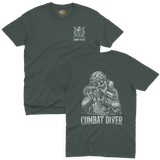 Forest green tactical operation apparel featuring a highly detailed combat diver frogman emblem and military scuba team graphics.