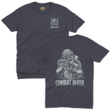 Navy blue military veteran shirt displaying a detailed tactical underwater operator combat diver frogman emblem on the chest and large back print.