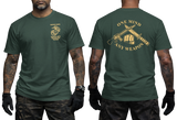USMC MCMAP Instructor Trainer T-Shirt in forest green featuring gold Marine Corps Martial Arts Instructor Trainer lettering and One Mind Any Weapon back graphic