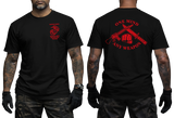 USMC MCMAP Instructor Trainer T-Shirt in black featuring a red Marine Corps Martial Arts Instructor Trainer chest graphic and One Mind Any Weapon back design
