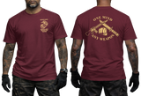 USMC MCMAP Instructor Trainer T-Shirt in maroon with gold Marine Corps Martial Arts chest design and One Mind Any Weapon back print