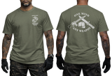 USMC MCMAP Instructor Trainer T-Shirt in military green featuring a Marine Corps Martial Arts chest emblem and One Mind Any Weapon back design