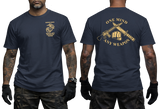 USMC MCMAP Instructor Trainer T-Shirt in navy blue with a gold Marine Corps Martial Arts chest graphic and One Mind Any Weapon back print