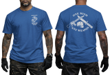 USMC MCMAP Instructor Trainer T-Shirt in royal blue featuring a Marine Corps Martial Arts Instructor Trainer chest design and One Mind Any Weapon back graphic
