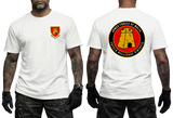A white short-sleeve t-shirt shown on a model from both front and back. The front features a small red and yellow military insignia on the left chest.