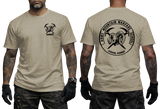 Army Mountain Warfare School AMWS Jericho Vermont sand T-shirt with ram warfare emblem