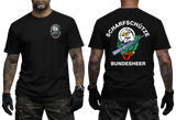 Austrian Bundesheer Sniper T-Shirt in black featuring a front military emblem and a large back graphic with an eagle, crossed rifles, and Scharfschütze Bundesheer lettering