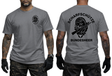 Austrian Bundesheer Sniper T-Shirt in charcoal featuring a front military emblem and a large back graphic with an eagle, crossed rifles, and Scharfschütze Bundesheer lettering