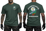Austrian Bundesheer Sniper T-Shirt in forest green featuring a front military emblem and a large back graphic with an eagle, crossed rifles, and Scharfschütze Bundesheer lettering