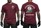 Austrian Bundesheer Sniper T-Shirt in maroon featuring a front military emblem and a large back graphic with an eagle, crossed rifles, and Scharfschütze Bundesheer lettering