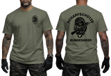 Austrian Bundesheer Sniper T-Shirt in military green featuring a front military emblem and a large back graphic with an eagle, crossed rifles, and Scharfschütze Bundesheer lettering