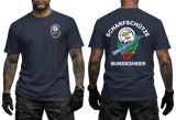 Austrian Bundesheer Sniper T-Shirt in navy featuring a front military emblem and a large back graphic with an eagle, crossed rifles, and Scharfschütze Bundesheer lettering