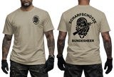 Austrian Bundesheer Sniper T-Shirt in sand featuring a front military emblem and a large back graphic with an eagle, crossed rifles, and Scharfschütze Bundesheer lettering