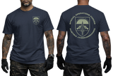 A navy blue short-sleeve t-shirt shown on a model from the front and back. The front features a small olive green Special Forces crest on the left chest.