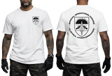 A white short-sleeve T-shirt shown on a model from the front and back. The front has a small black crest on the left chest, and the back has a large black crest with the text 'SPECIAL OPERATIONS FORCES' and 'AUSTRIA JAGOKOMMANDO'.