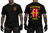 El Salvador BIRI Atlacatl Cazador Pipil T-Shirt in black featuring a colorful chest insignia and a large Cazador Pipil emblem with crossed swords and arrows on the back