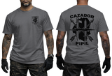 El Salvador BIRI Atlacatl Cazador Pipil T-Shirt in charcoal gray with black front insignia and bold Cazador Pipil crossed swords and arrows design on the back