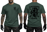 El Salvador BIRI Atlacatl Cazador Pipil T-Shirt in forest green featuring a small military-style chest emblem and large black back graphic