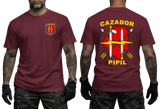 El Salvador BIRI Atlacatl Cazador Pipil T-Shirt in maroon with a colorful Cazador Pipil chest insignia and red and yellow crossed swords emblem on the back