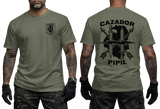 El Salvador BIRI Atlacatl Cazador Pipil T-Shirt in military green featuring black Cazador Pipil insignia on the front and back