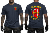 El Salvador BIRI Atlacatl Cazador Pipil T-Shirt in navy blue with a colorful front chest emblem and bold Cazador Pipil military-inspired back design