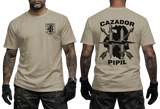 El Salvador BIRI Atlacatl Cazador Pipil T-Shirt in sand color featuring a black chest insignia and large Cazador Pipil crossed weapons graphic on the back