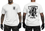 El Salvador BIRI Atlacatl Cazador Pipil T-Shirt in white featuring a black front insignia and large Cazador Pipil crossed swords and arrows design on the back