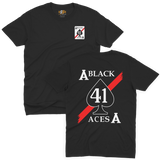 Front and back view of a black t-shirt featuring the US Navy Black Aces VFA-41 squadron logo with a red stripe design.