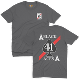 Charcoal grey military aviation t-shirt showing the front and back with the Black Aces 41 ace of spades squadron graphic.