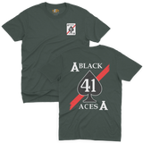 Forest green t-shirt with US Navy VFA-41 Black Aces squadron insignia print on the front chest and back.