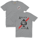 Sport grey t-shirt featuring the Black Aces 41 navy fighter squadron ace of spades logo design, front and back view.
