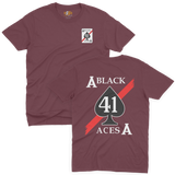 Maroon t-shirt printed with the military aviation theme Black Aces 41 squadron emblem on the front and back.