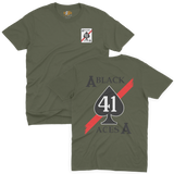 Military green t-shirt showcasing the front and back layout of the VFA-41 Black Aces naval aviation logo.