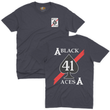 Navy blue t-shirt with the US Navy Black Aces 41 fighter squadron insignia graphic print on both sides.